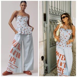 Maeve Anthropologie Blue Striped Linen Peplum Wide-Leg Jumpsuit Women’s 14 NWT